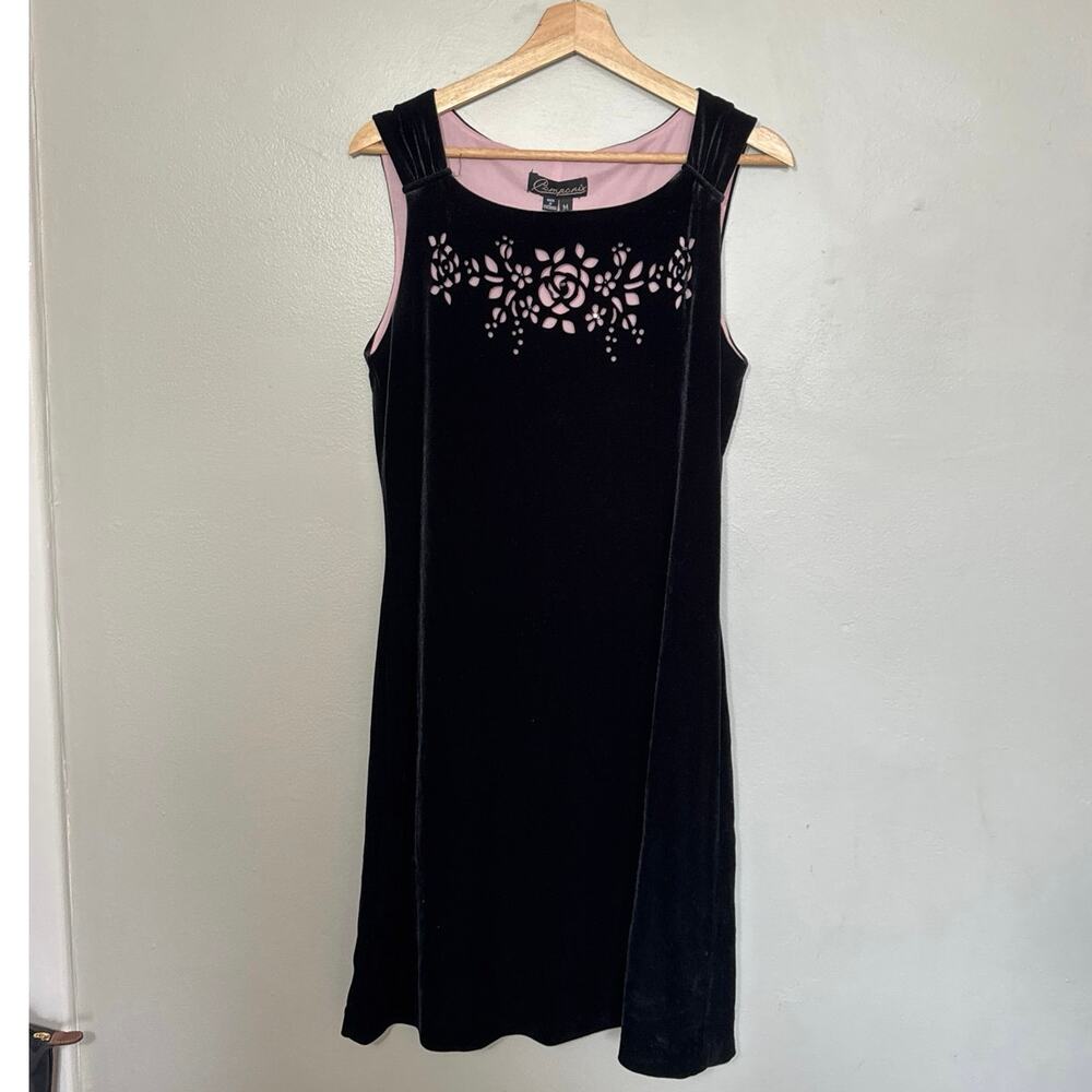 Women's Y2K Size M Componix Black Velvet Pink Floral Cut Out Sequin Mini Dress